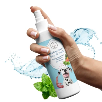 Zahnstein Kräuter Spray für Hunde Flasche mit Minze und Zitrusblättern, fördert die Zahngesundheit und frischen Atem für Hunde.