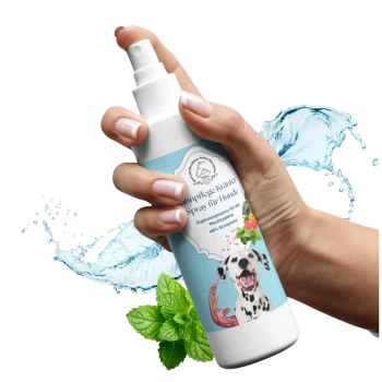 Zahnstein Kräuter Spray für Hunde Flasche mit Minze und Zitrusblättern, fördert die Zahngesundheit und frischen Atem für Hunde.