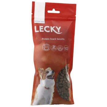 Rote LECKY-Tüte „Protein Snack Sensitiv“ für Hundeleckerlis mit einem fröhlichen Hund, sichtbarem Futterfenster und glutenfreiem Symbol