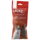 Sac de friandises pour chien rouge LECKY « Protein Snack Sensitiv » montrant un chien heureux, fenêtre laissant voir les croquettes et icône sans gluten