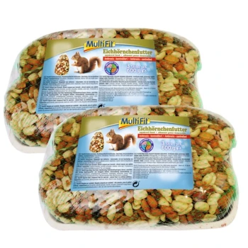 Zwei Pakete MultiFit Eichhörnchenfutter, jeweils mit 600 Gramm, mit einer Eichhörnchen-Grafik und Text in deutscher Sprache.