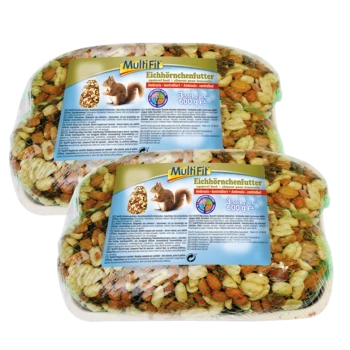 Deux paquets de nourriture pour écureuils MultiFit, chacun contenant 600 grammes, présentant un graphique d'écureuil et un texte en allemand.