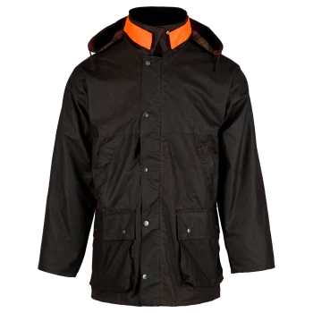 Braune Hundebesitzerjacke mit orangefarbenen Kragenakzenten und vorderen Taschen mit Knöpfen, für den Außeneinsatz konzipiert.