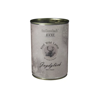 Dosenfutter für Haustiere mit dem Etikett "Dr. Clauder's B.A.R.F. Rind Wild Lamm für Hunde & Katzen", mit einer Hirschillustration und "100% Fleisch."