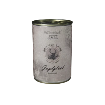 Dosenfutter für Haustiere mit dem Etikett "Dr. Clauder's B.A.R.F. Rind Wild Lamm für Hunde & Katzen", mit einer Hirschillustration und "100% Fleisch."