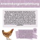 Braunes Huhn steht mit deutschen Textanweisungen zur Sprühanwendung zum Schutz vor Geflügelmilben.