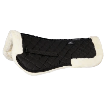 Schwarzer, gesteppten Haustiermantel mit einer weichen weißen Fleece-Fütterung und einem verstellbaren Riemen, mit dem Markennamen "Equinate" am Kragen.