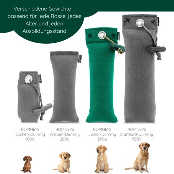 Grüner Stoff-Dummy für Hundetraining mit Seil und Knebel, beschriftet mit „Romneys“ und dem Buchstaben „R“ oben.