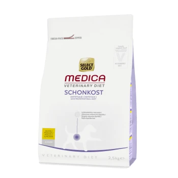 Eine 2,5 kg Tüte Select Gold Medica Veterinary Diet Schonkost, gekennzeichnet als gastrointestinales Diätfutter für Hunde, mit einem Frischhalte-Reißverschluss.