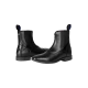 Schwarze Lederreitstiefel mit elastischen Seitenpaneelen und einer spitzen Zehe, von vorne und von der Seite gezeigt.