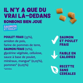 Emballage de friandises pour animaux avec fond turquoise, présentant "Il n'y a que du vrai là-dedans" et des ingrédients comme poulet, saumon et mangue.