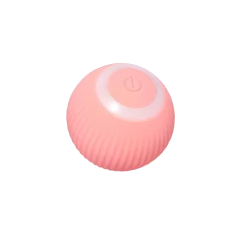 Ein pinkfarbener, strukturierter Haustier-Spielzeugball mit einem Power-Knopf oben, entworfen für interaktives Spielen.