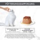 Weiße, flauschige Katze neben einem Teller mit Nassfutter; sichtbare Texte: FÜTTERUNGSEMPFEHLUNG, 5 TÖPFCHEN und 4 KG.