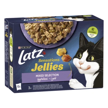 Latz Sensations Jellies Katzenfutterpackung mit einer schwarz-weißen Katze, mit einer Schüssel gemischter Auswahl an Gelee-Futter.
