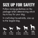 Dog toy sizing chart "SIZE UP FOR SAFETY" with guidance and silhouettes for sizes S M L XL XXL and weight ranges
