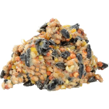 Ein Haufen gemischter Vogelfutter mit schwarzen Sonnenblumenkernen, gelbem Mais und kleinen Körnern, ideal zur Fütterung von Haustiervögeln.