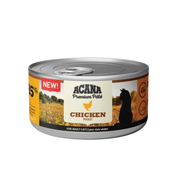 ACANA Premium Pâté Hundefutterdose mit Hähnchen, mit einer Silhouette einer Katze und einem Hähnchen-Icon, beschriftet mit "NEU!" und "FÜR ERWACHSENE KATZEN."