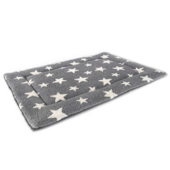 Gray pet bed with a soft texture, featuring white star patterns across the surface.