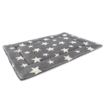 Gray pet bed with a soft texture, featuring white star patterns across the surface.