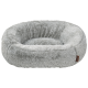 Lit rond pour animaux en peluche grise avec bords relevés et petite étiquette marron portant l'inscription « MOLI ».
