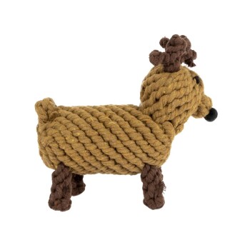 Urocza, brązowa zabawka z liny w kształcie psa, z teksturowanym ciałem, brązowymi nogami i kędzierzawą głową.