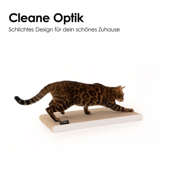 Eine Bengal-Katze kratzt an einem Pappkratzbaum. Text oben: "Katzen lieben Pappe"; unten: "Kratzspaß für deine Katze."