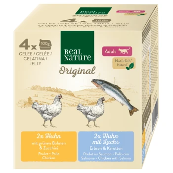 Packung Real Nature Original Haustierfutter mit 4 x 100g Gelee-Portionen: Huhn mit grünen Bohnen & Zucchini und Huhn mit Lachs, Erbsen & Karotten.