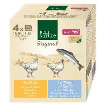 Packung Real Nature Original Haustierfutter mit 4 x 100g Gelee-Portionen: Huhn mit grünen Bohnen & Zucchini und Huhn mit Lachs, Erbsen & Karotten.