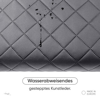 Wasserabweisende gestepptes Kunstlederoberfläche mit Tropfen, beschriftet mit 'Wasserabweisendes gestepptes Kunstleder' und 'Made in Europe'.