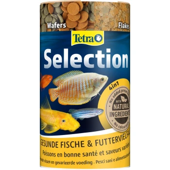 Tetra Selection Fischfutterbehälter mit verschiedenen Futtertypen, Fischbildern und "4in1"-Text in mehreren Sprachen.