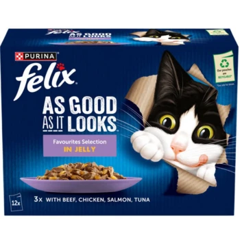 A playful black and white cat peeks through a torn box, promoting Purina Felix cat food's Favourites Selection in jelly.