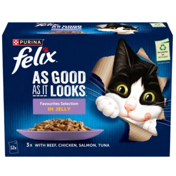 A playful black and white cat peeks through a torn box, promoting Purina Felix cat food's Favourites Selection in jelly.