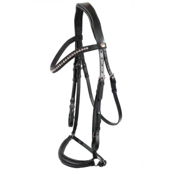 Schwarzes Lederpferdegeschirr mit dekorativen Strasssteinen am Stirnband, das mehrere verstellbare Riemen und ein elegantes Design aufweist.