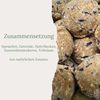 Nahaufnahme samengefüllter Fettbällchen; deutscher Text 'Zusammensetzung' und 'Aus natürlichen Zutaten.'
