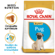 Sac de nourriture pour chiens Royal Canin Puppy Pug avec une image de chiot carlin, mettant en avant la nutrition de la race et le soutien du système immunitaire.