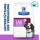 Tüte mit Hill's Prescription Diet i/d Sensitive Hundefutter, mit einem lächelnden Hund, mit dem Text 'Unterstützung der Verdauung' an der Seite.