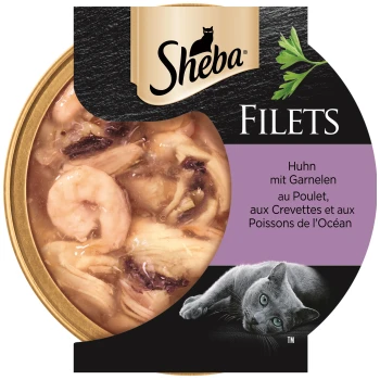 Filets Huhn und Garnelen 16x60 g Sheba Filets Katzenfutterdose mit Huhn und Garnelen in einer herzhaften Brühe, mit einer grauen Katze, die auf einer schwarzen Oberfläche liegt.