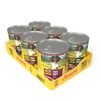 Josera Meatlovers Adult Pure Multipack 6x800 g Sechserpack Josera 'Meat Lovers' Adult Dosenfutter im gelben Tray, Etiketten zeigen 'Pure Beef', 'Pure Lamb' und 'Pure Chicken'.