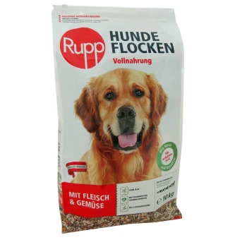Hundefutterverpackung "Rupp Hunde Flocken Vollnahrung" mit einem Golden Retriever, hebt Fleisch, Gemüse, Vitamine und Mineralien hervor.