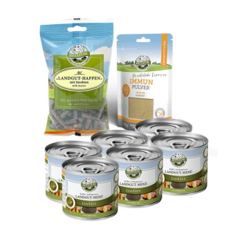 Sparset für kleine Hunde mit Leishmaniose - Landgut-Menü 6 x 200 g + Landgut-Happen 200 g + Immun 80 g
