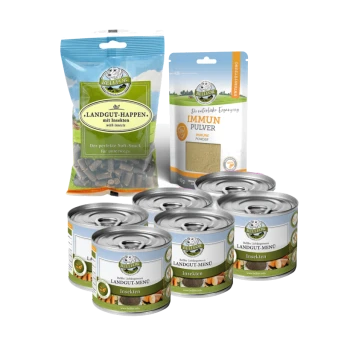 Haustierfutterkollektion: "Landgut-Happen" Insekten-Snacks, "Immune Powder" Ergänzung und sechs Dosen "Landgut-Menü," alle von Bellfor.