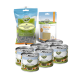 Haustierfutterkollektion: "Landgut-Happen" Insekten-Snacks, "Immune Powder" Ergänzung und sechs Dosen "Landgut-Menü," alle von Bellfor.