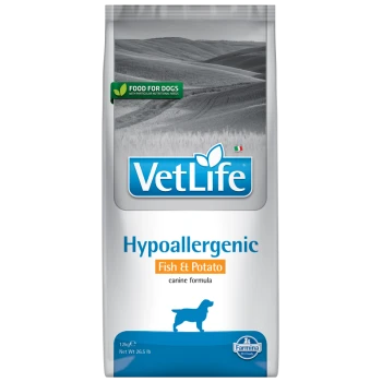VetLife Hypoallergen Fisch & Kartoffel Hundefutterbeutel, 12 kg, mit einem blauen Logo und einer Silhouette eines Hundes.