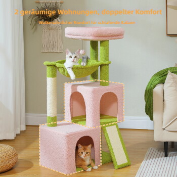 Katzenbaum mit zwei geräumigen Wohnungen und einer ruhenden weiß-orangen Katze, Text: „2 geräumige Wohnungen, doppelter Komfort.“