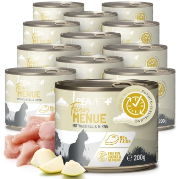 Dosen Beavet Feines Menü Katzenfutter mit Wachtel und Birne, 98% Fleisch, zucker- und getreidefrei, je 200g.