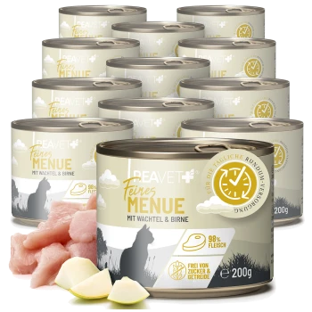 Dosen Beavet Feines Menü Katzenfutter mit Wachtel und Birne, 98% Fleisch, zucker- und getreidefrei, je 200g.