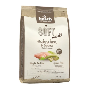 Weicher Hundefutterbeutel für Erwachsene mit Huhn- und Bananengeschmack, 60% Fleischgehalt, getreidefrei, 2,5 kg, mit Einzelproteinanspruch.