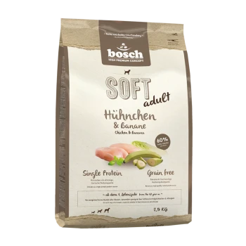 Weicher Hundefutterbeutel für Erwachsene mit Huhn- und Bananengeschmack, 60% Fleischgehalt, getreidefrei, 2,5 kg, mit Einzelproteinanspruch.