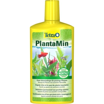 Tetra PlantaMin Flüssigdüngerflasche für Aquarienpflanzen, mit einem leuchtend gelben Etikett und mehrsprachigem Text, einschließlich "Monatlich."