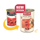 Zwei Dosen Animonda GranCarno Hundefutter für Erwachsene mit altem und neuem Design, beschriftet mit „Rind“ und einem Bild eines Golden Retrievers.